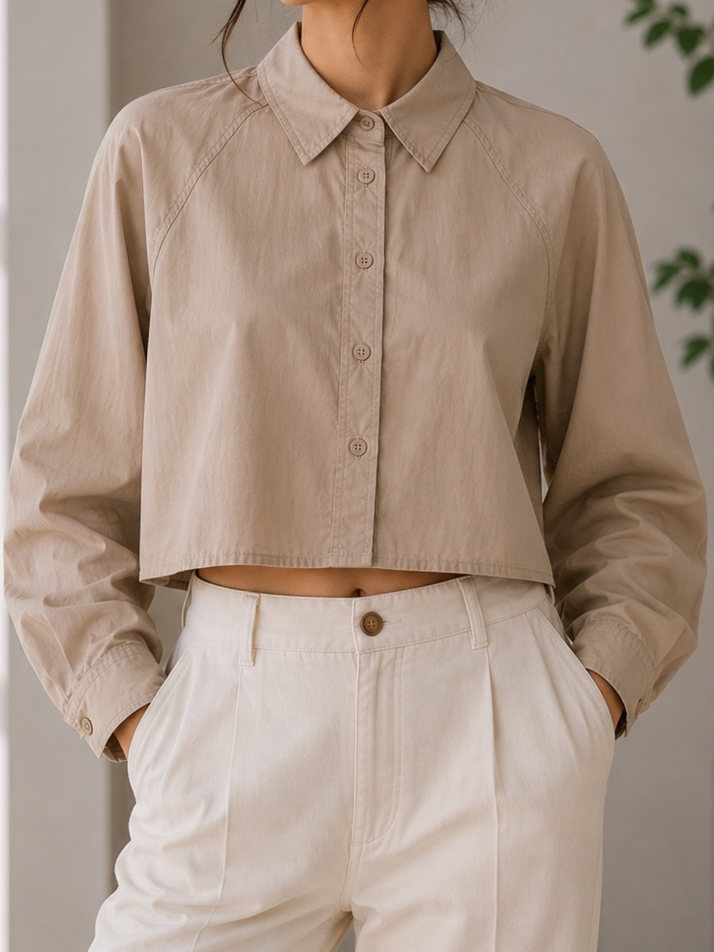 Dynamite Beige Cropped Button-Front Shirt | Size XS
